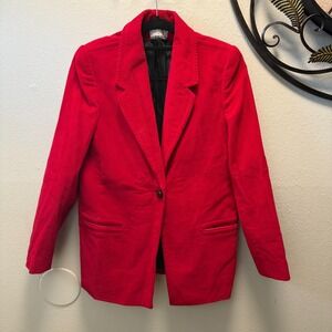 Vtg Red Corduroy Blazer Women's One Button Retro 80s 90s Jacket size 9/10